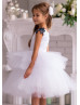 Beaded Navy Blue Lace White Tulle Tiered Flower Girl Dress